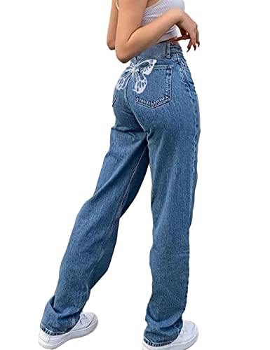 s.lemon High Waist Boyfriend Jeans Damen,90er Y2K Butterfly Muster Weite Straight Bein Blaue Hosen Jeans,Blue 2XL von s.lemon