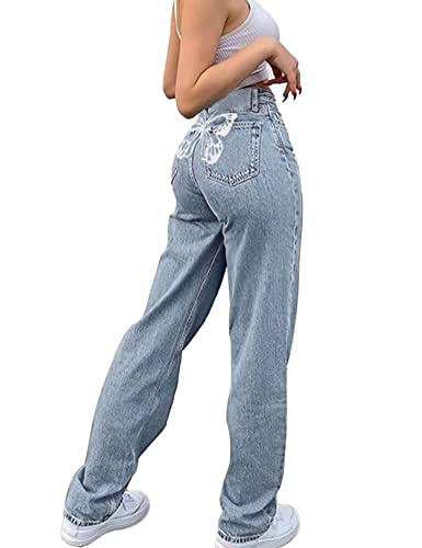 s.lemon High Waist Boyfriend Jeans Damen,90er Y2K Butterfly Muster Weite Straight Bein Blaue Hosen Jeans,Light Blue S von s.lemon