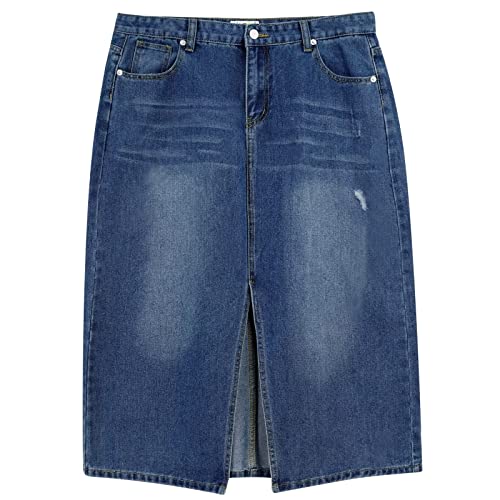 s.lemon Jeansröcke, Damen A-Linie Blau Jeans Röcke Knielang Jeansrock mit Schlitz Vorne Dunkelblau M von s.lemon