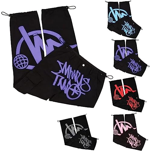 sPeesy Minus Two Cargo Y2K Herren,2023 Cargo Jogginghose Y2k Jeans Baggy,Harajuku Denim Schwarze Print Loose Men Rock Straight Hose Mit Weitem Bein,Hip Hop Gerade Breite Cargohosen (Color : Purple, von SPeesy