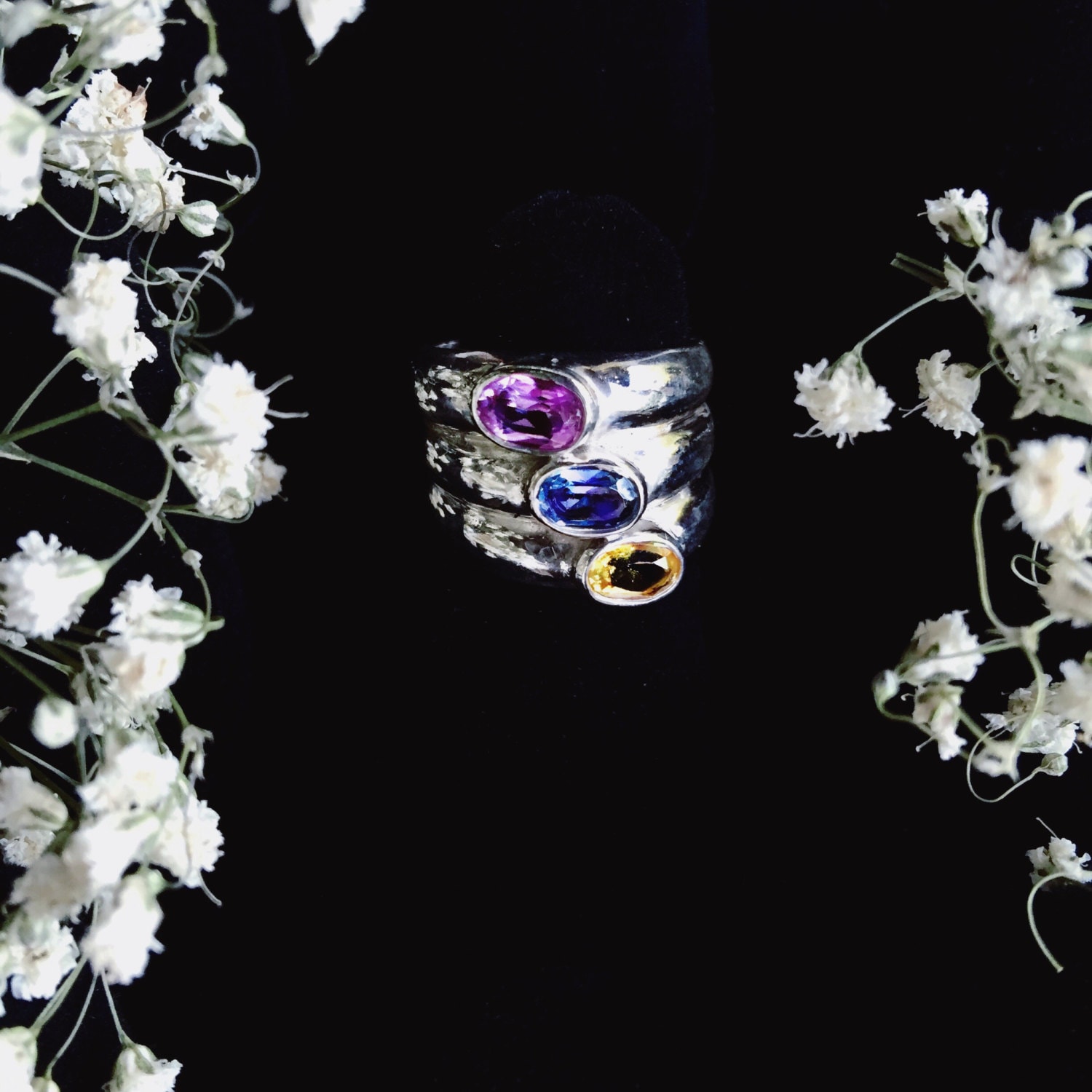 Pink Turmalin, Saphir, Gelb Topas Gestapelt Sterling Silber Ring Größe 5 von sacredsterlingrings