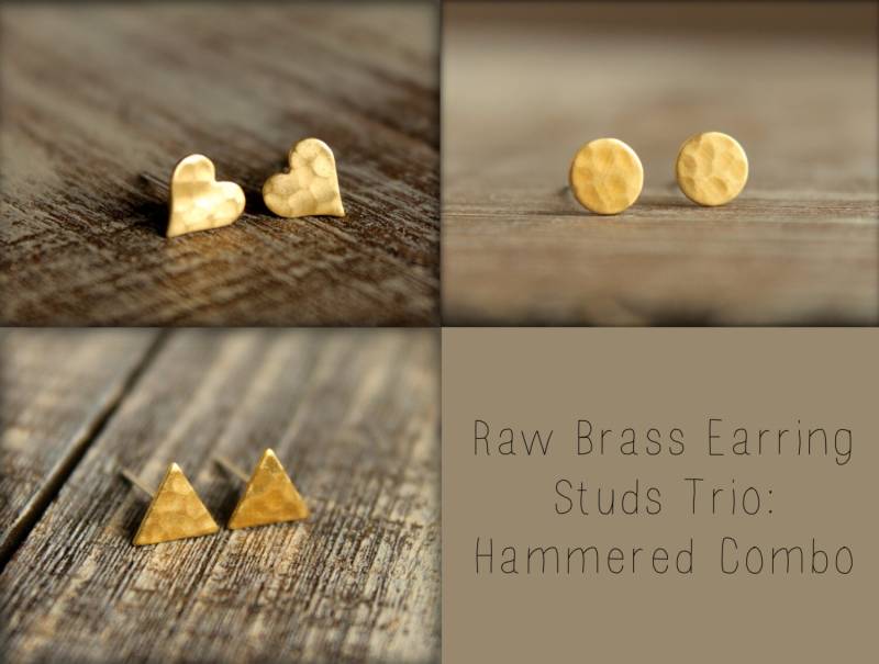 Roh Messing Ohrring Ohrstecker Trio Gehämmert Combo von saffronandsaege