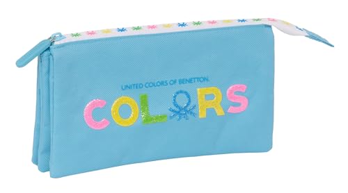 Benetton Spring Federmäppchen, dreifach, Federmäppchen für Kinder, ideal für Schulkinder, bequem und vielseitig, Qualität und Beständigkeit, 22 x 3 x 12 cm, Himmelblau, Himmelblau, Estándar, Casual von safta