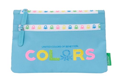 Benetton Spring - Großes Schulmäppchen mit Doppelreißverschluss, Federmäppchen für Kinder, bequem und vielseitig, einfache Reinigung, 23 x 3 x 16 cm, Himmelblau, Himmelblau, Estándar, Casual von safta