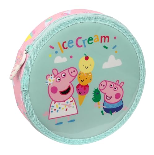 PEPPA PIG ICE CREAM - Runder Federmappe, mit 18 Teilen, leicht zu reinigen, Federmäppchen für Kinder, ideal für Kinder von 5 bis 14 Jahren, bequem und vielseitig, 21 x 3,5 cm, Hellrosa/Minzgrün, von safta