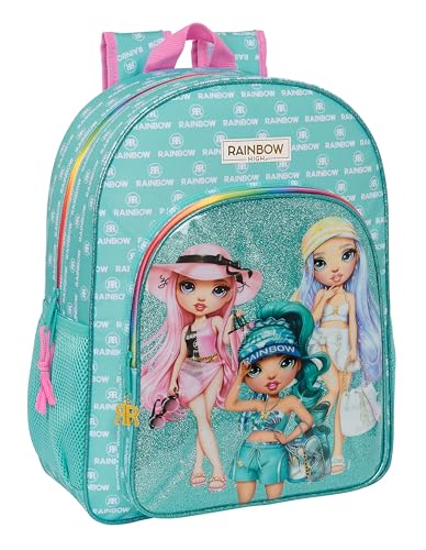 RAINBOW HIGH PARADISE Schulrucksack, Kinderrucksack, Kinderrucksack, anpassbar an den Kinderwagen, ideal für Kinder im Schulalter, vielseitig einsetzbar, Qualität und Stärke, 33 x 14 x 42 cm, Türkis, von safta