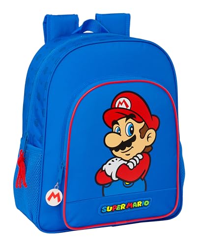 SUPER MARIO PLAY Schulrucksack für Kinder, Kinderrucksack, anpassbar an den Kinderwagen, ideal für Schulkinder, bequem und vielseitig, Qualität und Widerstandsfähigkeit, 32 x 12 x 38 cm, Blau/Rot, von safta