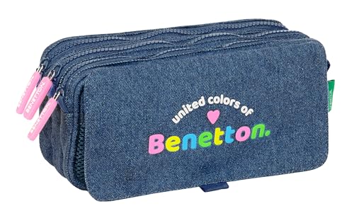 Safta BENETTON DENIM Federmäppchen mit Dreifach-Big, Federmäppchen für Kinder, ideal für Kinder im Schulalter, bequem und vielseitig, Qualität und Widerstandsfähigkeit, 21,5 x 8 x 10 cm, Jeansfarben, von safta