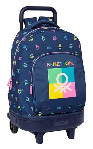 Safta Benetton Cool Großer Rucksack mit Rädern, kompakt, abnehmbar, ideal für Kinder unterschiedlichen Alters, bequem und vielseitig, Qualität und Widerstandsfähigkeit, 33 x 22 x 45 cm, Marineblau, von safta