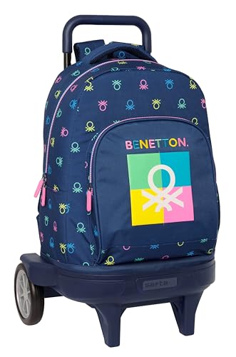 Safta Benetton Cool Großer Rucksack mit Rädern, kompakt, abnehmbar, ideal für Kinder verschiedener Altersgruppen, bequem und vielseitig, Qualität und Widerstandsfähigkeit, 33 x 22 x 45 cm, Marineblau, von safta