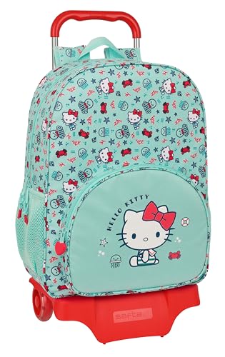 Safta HELLO KITTY SEA LOVERS Großer Schulrucksack mit Trolley, Kinderrucksack, Kinderrucksack, anpassbar an den Kinderwagen, ideal für Schulkinder, bequem und vielseitig, 33 x 15 x 42 cm, Türkis, von safta