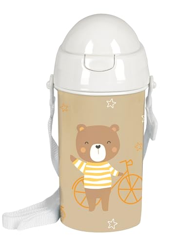 Safta M899B Vorschule Bär Automatisches Öffnen, mit Strohhalm, Wasserflasche, BPA-frei, mit Umhängetasche, bequem und leicht, 500 ml, 7,3 x 19,5 cm, Beige, Unisex Kinder, Standard, beige, Estándar, von safta