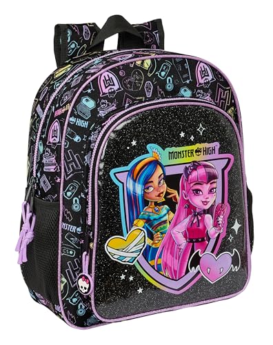 Safta MONSTER HIGH Schulrucksack, Kinderrucksack, anpassbar an den Kinderwagen, ideal für Kinder im Schulalter, bequem und vielseitig, Qualität und Widerstandsfähigkeit, 32 x 12 x 38 cm, Schwarz, von safta