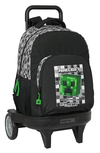 Safta Minecraft Großer Rucksack mit Rädern, kompakt, abnehmbar, ideal für Kinder unterschiedlichen Alters, bequem und vielseitig, Qualität und Widerstandsfähigkeit, 33 x 22 x 45 cm, Schwarz/Grau/Grün, von safta