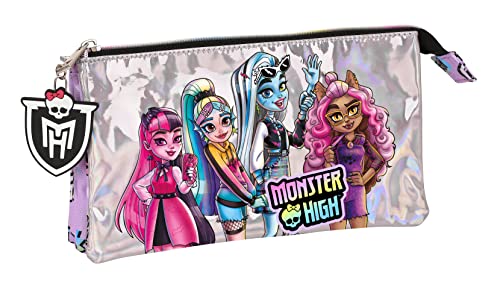 Safta Monster HIGH - Dreifach-Federmäppchen, für Kinder, ideal für Kinder im Schulalter, bequem und vielseitig, Qualität und Strapazierfähigkeit, 22 x 3 x 12 cm, Lila, Lila, Estándar, Lässig von safta