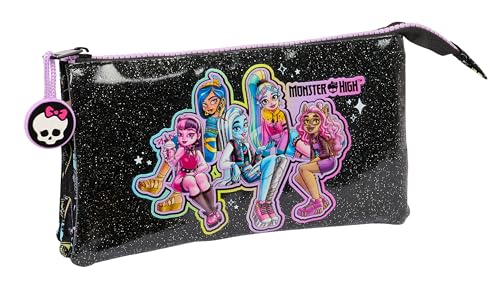 Safta Monster HIGH – Federmäppchen für Kinder, Federmäppchen für Kinder, ideal für Schulkinder, bequem und vielseitig, Qualität und Beständigkeit, 22 x 3 x 12 cm, Schwarz, Schwarz, Estándar, Casual von safta