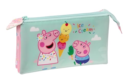 Safta Peppa Pig Ice Cream Federmäppchen für Kinder, Federmäppchen für Kinder, ideal für Schulkinder, bequem und vielseitig, Qualität und Beständigkeit, 22 x 3 x 12 cm, Hellrosa/Minzgrün, von safta