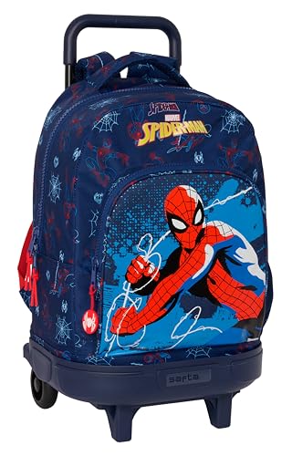 Safta SPIDERMAN NEON Großer Rucksack mit Rädern, kompakt, abnehmbar, ideal für Kinder unterschiedlichen Alters, bequem und vielseitig, Qualität und Widerstandsfähigkeit, 33 x 22 x 45 cm, Marineblau, von safta