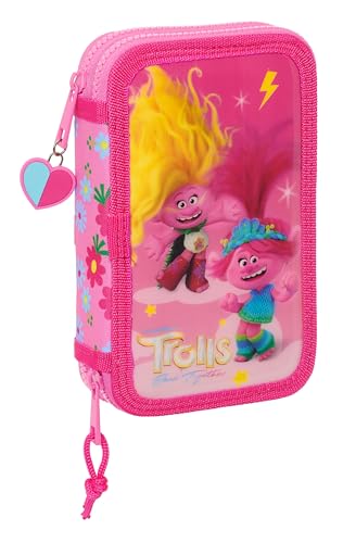 Safta TROLLS 3 Federmäppchen für Kinder, Federmäppchen mit Farbe, mit 28 Utensilien, ideal für Kinder von 5 bis 14 Jahren, bequem und vielseitig, Qualität und Widerstandsfähigkeit, 12,5 x 4 x 19,5 cm, von safta