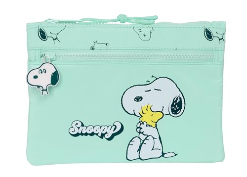 Snoopy Groovy Federmäppchen, groß, mit doppeltem Reißverschluss, Federmäppchen für Kinder, bequem und vielseitig, leicht zu reinigen, 23 x 3 x 16 cm, Wassergrün, Meeresgrün, Estándar, Casual von safta