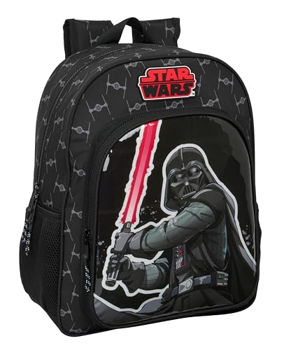 Star Wars The Fighter Schulrucksack, Kinderrucksack, anpassbar an den Kinderwagen, ideal für Kinder im Schulalter, bequem und vielseitig, Qualität und Widerstandsfähigkeit, 32 x 12 x 38 cm, Schwarz, von safta