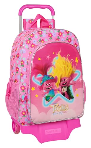 TROLLS 3 Großer Schulrucksack mit Trolley, Kinderrucksack, Kinderrucksack, anpassbar an den Kinderwagen, ideal für Schulkinder, bequem und vielseitig, Qualität und Stärke, 33 x 15 x 42 cm, Rosa, Rosa, von safta