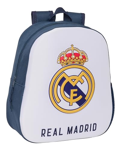 safta Real Madrid Schulrucksack mit 3D-Design, anpassbar an Kinderwagen, ideal für Kinder verschiedener Altersgruppen, bequem und vielseitig, Qualität und Widerstandsfähigkeit, 27 x 10 x 33 cm, von safta