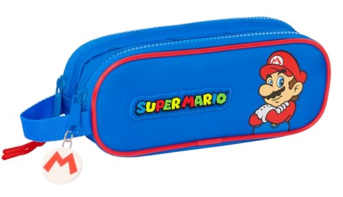 safta Super Mario Play - Doppelmäppchen für Kinder, ideal für Schulkinder, bequem und vielseitig, Qualität und Langlebigkeit, 21 x 6 x 8 cm, Blau/Rot, Blau/Rot, blau/rot, Estándar, Casual von safta