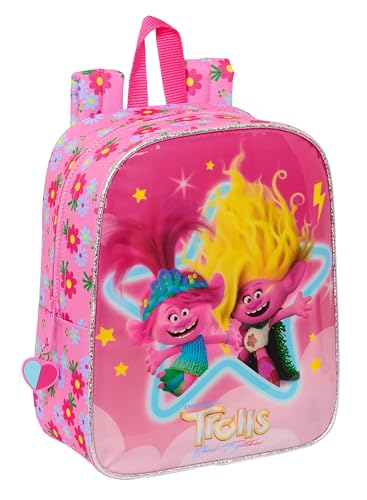 Safta TROLLS 3 Kinderrucksack, Kinderrucksack, Schulrucksack, anpassbar an Kinderwagen, ideal für Kindergarten, bequem und vielseitig, Qualität und Widerstandsfähigkeit, 22 x 10 x 27 cm, Rosa, Rosa, von safta