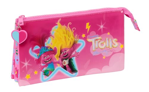 Safta Trolls 3 Federmäppchen für Kinder, Federmäppchen für Kinder, ideal für Schulkinder, bequem und vielseitig, Qualität und Beständigkeit, 22 x 3 x 12 cm, Rosa, Rosa, Estándar, Casual von safta