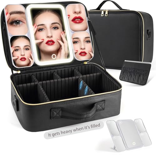 saiggnyy Große Reise-Make-up-Tasche mit 5 LED-Lichtern, Kosmetikspiegel, 38,1 x 27,9 cm, Schwarz, Large Black, Sai-9025 Moderne und stilvolle tragbare DIY-Tasche für Reisen von saiggnyy