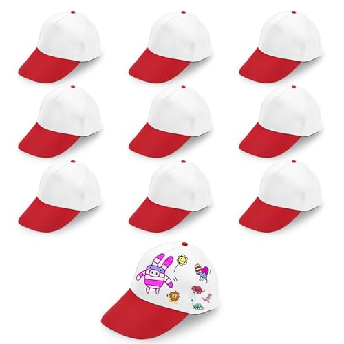 saijer DIY Kappe Kinder, 9 Stück Kinder Kappen Zum Bemalen DIY Baseballcap Baseballmütze DIY Weiße Baseballkappen Graffiti Kappe Kappe Weiß DIY Baseballkappe Mit Aufklebern von saijer