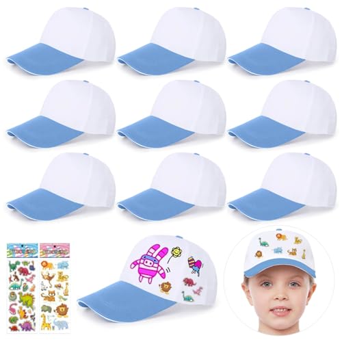 Saijer DIY Kappe für Kinder - 9 Stück Baseballcap Zum Bemalen, Weiße Baseballmütze Mit Aufklebern, Graffiti Kappe von saijer