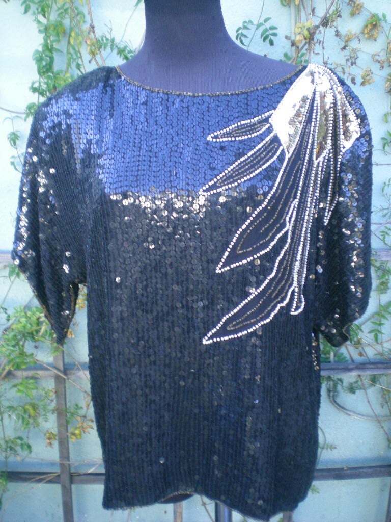 Vintage 80Er Jahre Schwarzes Hemd. Designer Pailletten Top Bluse Applikationen Cocktail Shirt von sailorpinkvintage
