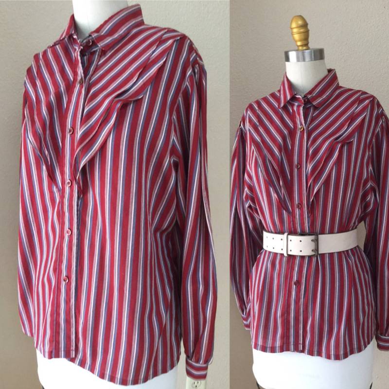 Vintage Rüschen Front Bluse. Geschnittenes Westernhemd. Bordeaux Gestreift Vintage Rüschen Front Bluse. Geschnittenes Westernhemd. Bordeaux Gestreift von sailorpinkvintage