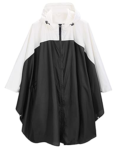 Regenponcho Jacke Mantel Kapuze Reißverschluss Stil für Damen Herren Erwachsene mit Tasche, Schwarz/Weiß, Einheitsgröße von salamra