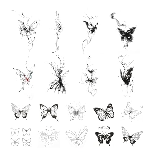 28 Blätter Schmetterling Tattoo Schwarz Wasserdicht Tattoos Erwachsene Aufkleber, Temporäre Tätowierung Realistisch Fake Tattoos Aufkleber Haut Schmetterling Blumen Tatoos für Damen Körper Arm von salbsever
