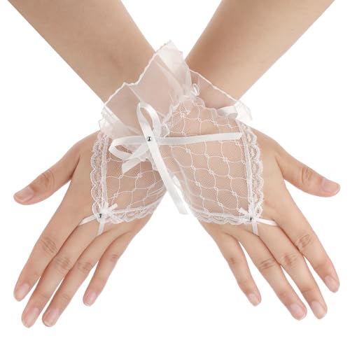 Spitze Handschuhe Fingerlose Weiß Damen Transparente Fingerlose Netzhandschuhe, Fingerlose Damen-Kurzschleifen, Mädchen Maskerade Spitzenhandschuhe, Tanz, Cosplay für Elegante Halloween-Teeparty von salbsever