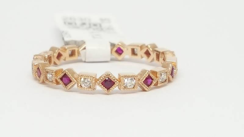 0.54Tcw 14K Rose Gold Diamant & Rubin Ineinandergreifend Quadratisch Band Ring Enhancer Eternity Mini Bänder Art Deco Juli Geburtstag 40 Jubiläum von salehijewelry