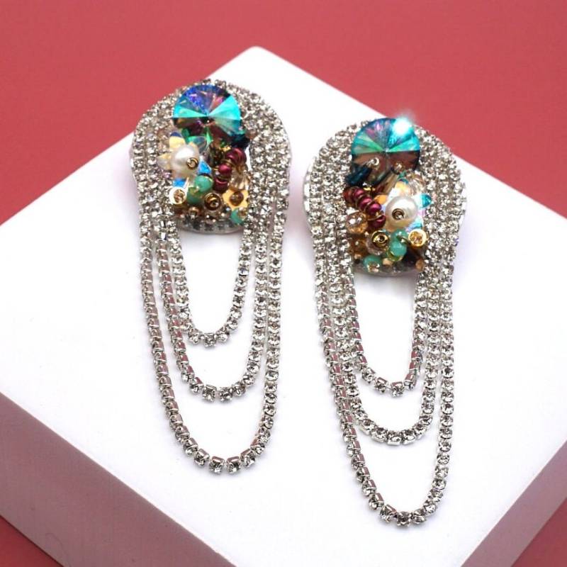 Handmade - Cabaret Bling Ohrring 18K Vergoldet Einzigartige Kunstleder Cz Kristall Perlen Perle Vintage Silber von salsayminga