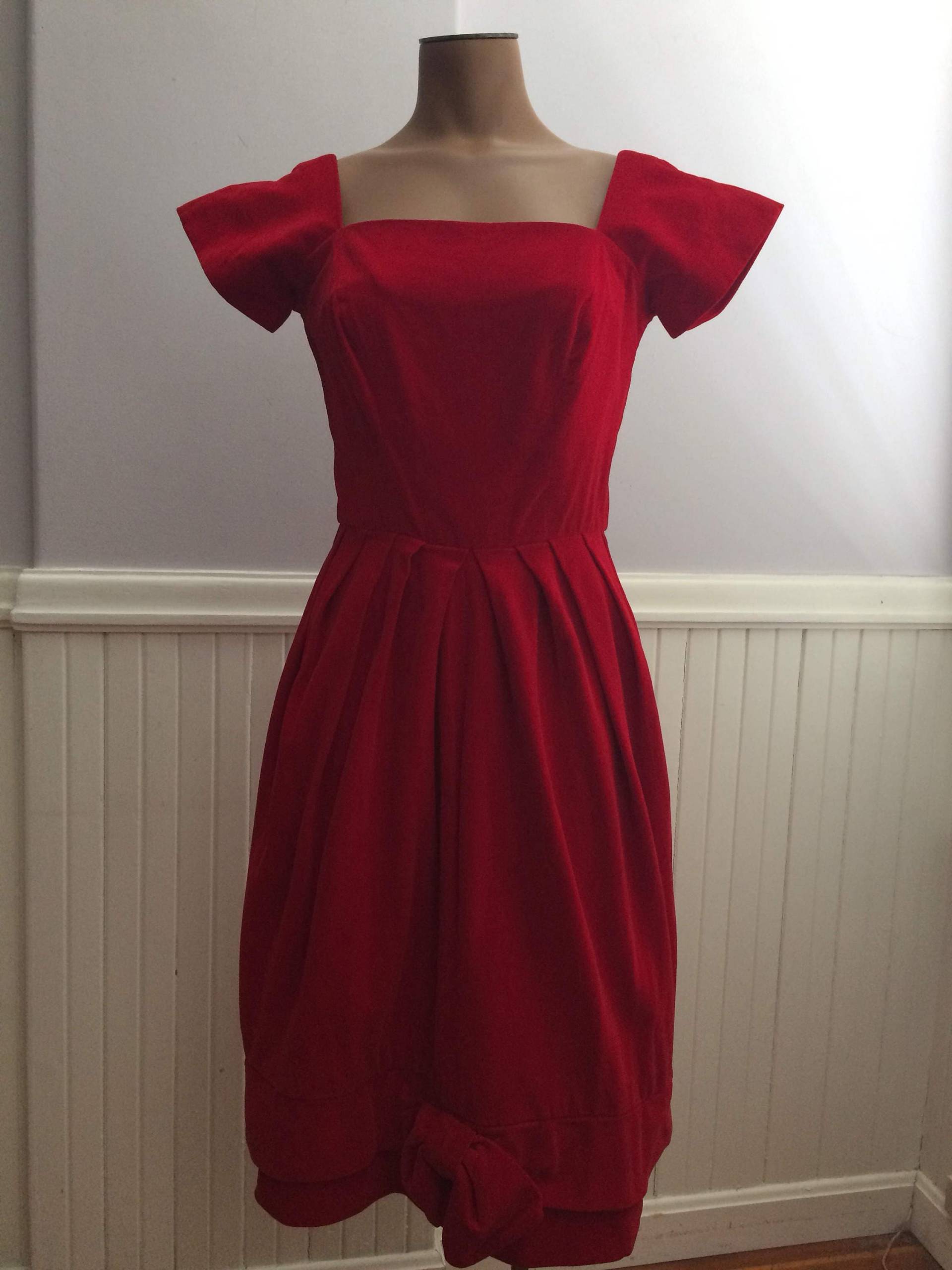 1960Er Rotes Baumwoll-Samt-Kleid/Pre-Teen Junior Samt-Kleid Red Velvet League Von Cherberg 60's Party Dress von saltydogvintage
