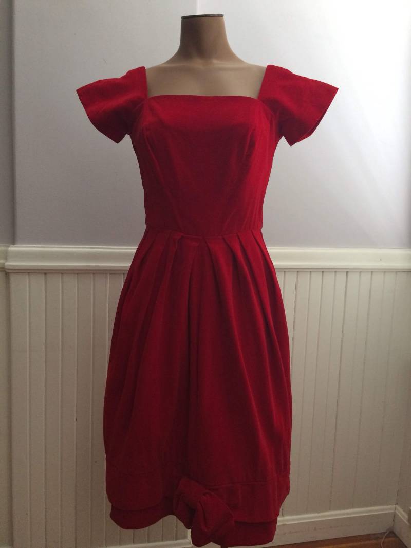 1960Er Rotes Baumwoll-Samt-Kleid/Pre-Teen Junior Samt-Kleid Red Velvet League Von Cherberg 60's Party Dress von saltydogvintage