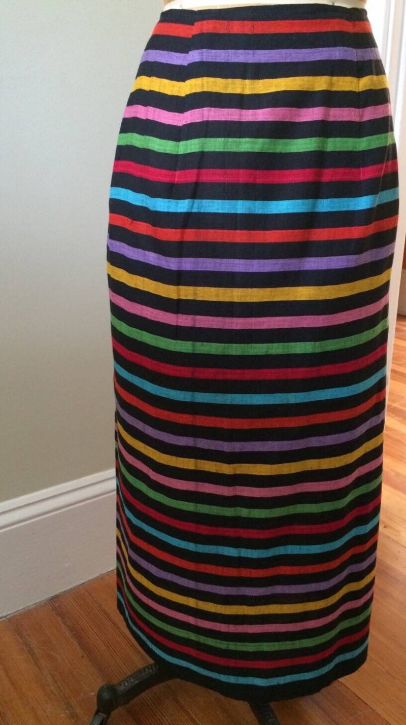 Handgemachter Leinen Wickelrock/Mehrfarbiger Horizontaler Streifen-Wickelrock Um Den Sommer von saltydogvintage