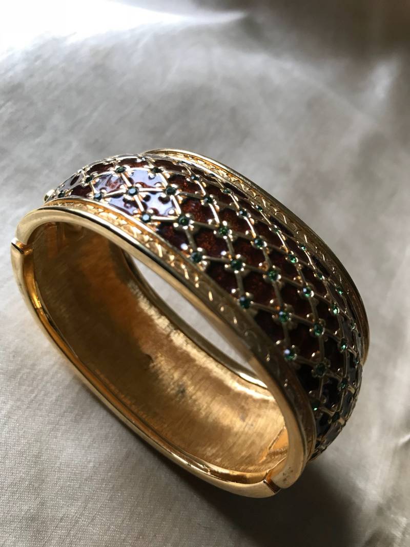 Vintage Schmuck Armband/Swan Stamped -Signed Swarovski Emaille Grün Kristallstein Manschette 1980Er Jahre Sammler von saltydogvintage