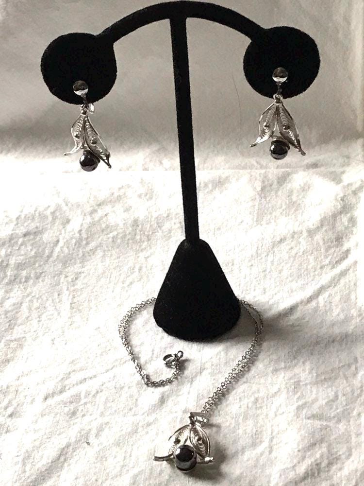 Vintage Sterling Und Hämatit Kette Ohrringe Set/Sorrento Schmuck Ende 50Er Anfang 60Er Jahre von saltydogvintage