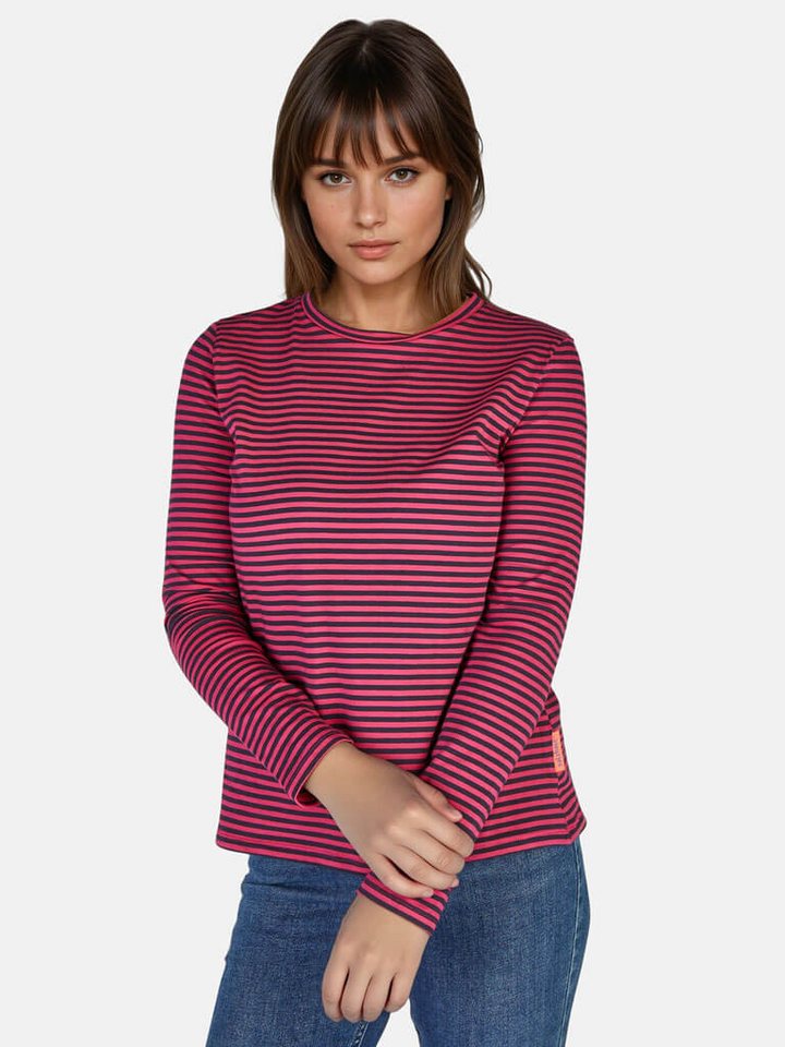 salzhaut Rundhalsshirt Damen Langarm-Shirt Voss mit Streifen und Herz-Foam-Print hinten von salzhaut