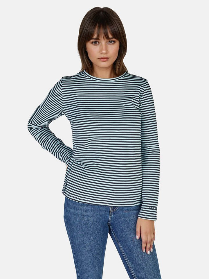 salzhaut Rundhalsshirt Damen Langarm-Shirt Voss mit Streifen und Herz-Foam-Print hinten von salzhaut