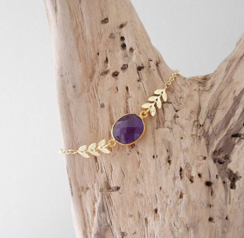 Armband Boho Chic Feine Kette Goldene Spitze. Lila Ovales Steinarmband Aus Amethyst | Brch22Oraméthyste Weihnachtsgeschenk Frau Oder Mädchen von samarabijoux