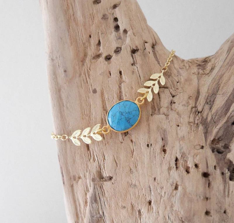 Schick Boho Armband Mit Goldfarbener Ährenkette. Ovalen Stein-Nachahmung Türkis | Brch22Orturqse Weihnachtsgeschenk Frau Oder Mädchen von samarabijoux