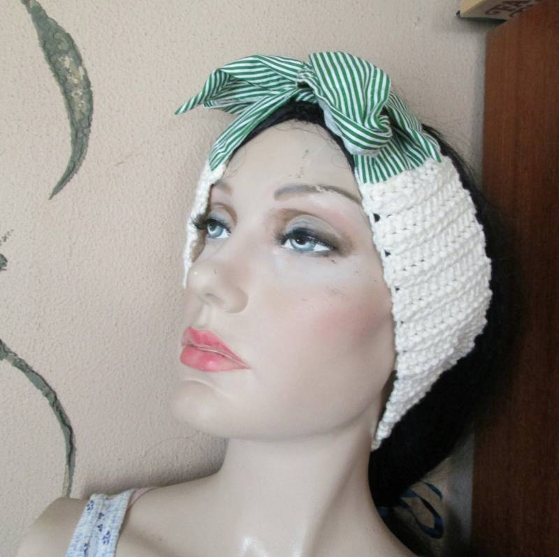 Häkel Bow Stirnband Retro Style Weiss & Grün von samsstuff